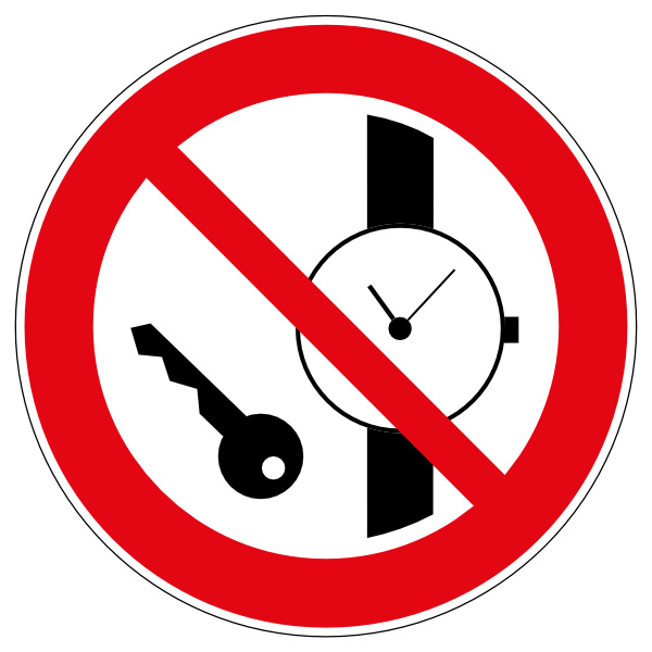 verboden voor metalen voorwerpen zoals horloges bord, metalen voorwerpen verbodsbord NEN 7010 P008